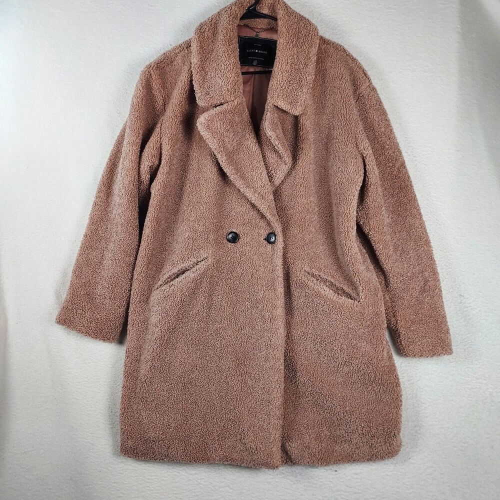 Lucky Brand Womens Large Pink Teddy Coat Faux Fur Double Breasted Jacket